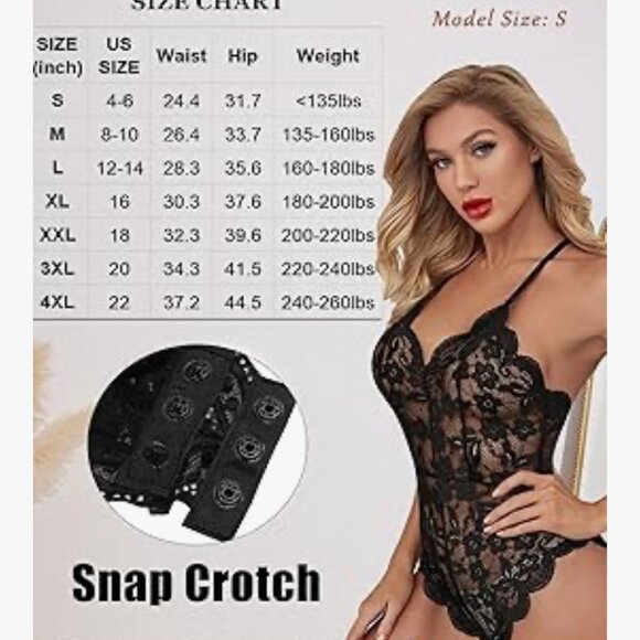 Black Lace Teddy, V-neck, Snap crotch - NWT - Picture 6 of 8